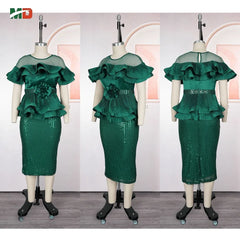 A three-view display of a dark green sequined pencil dress with a ruffled off-shoulder peplum top.