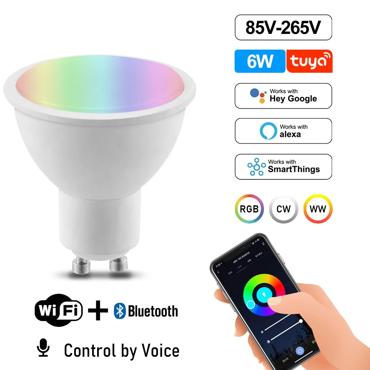 Showlu Smart General WiFi adjustable color LED spotlight bulb illuminating a modern living room with vibrant lighting.