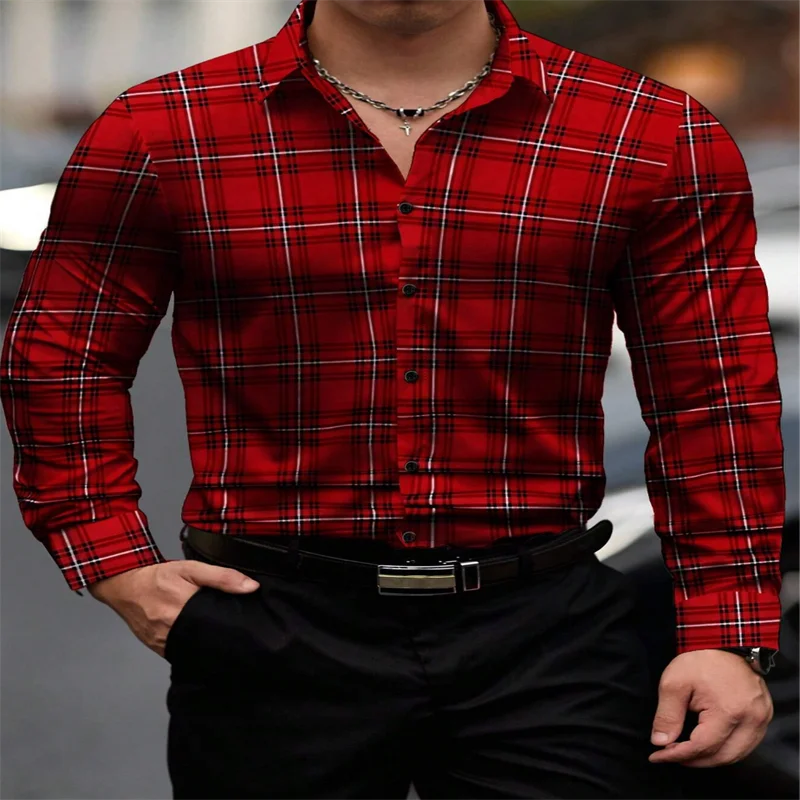 Men's 2024 classic red plaid long-sleeved shirt with striped design, casual fashion top from Showlu Fashion Store