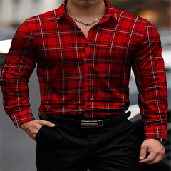 2024 new men's classic striped plaid long-sleeved shirt Men's classic red casual fashion shirt top