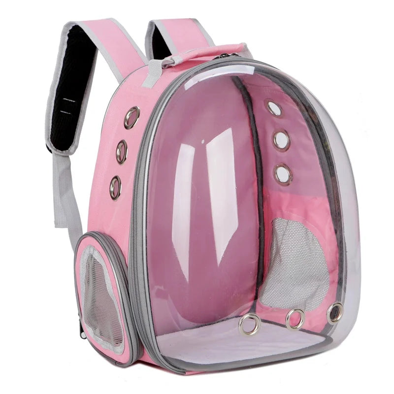 A pink pet backpack with a transparent front window and breathable mesh side panels.