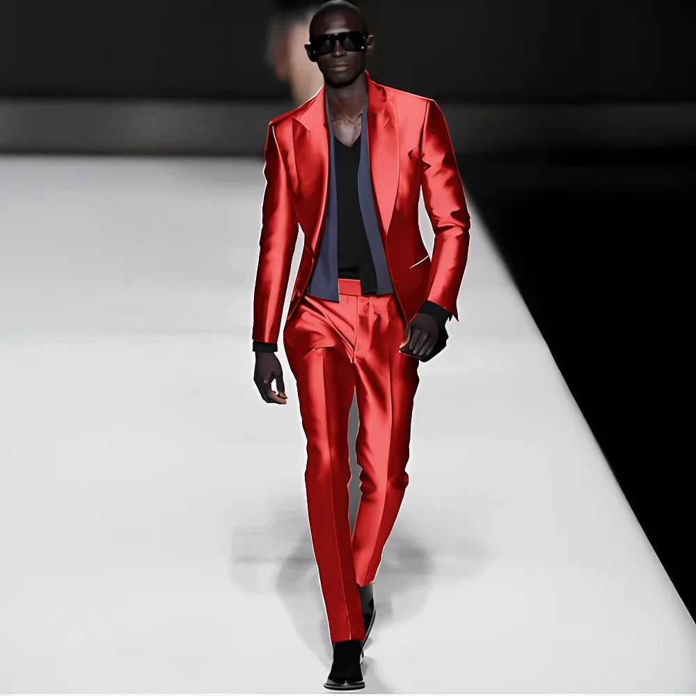 Elegant satin men's 2-piece suit with peak lapel blazer and matching pants, ideal for weddings and formal events, by Showlu Fashion.