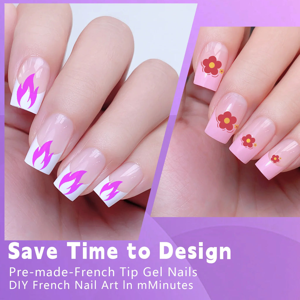 Set of 120 acrylic French false nails in medium length square shape with mixed sizes, full cover, removable press-on nail tips.