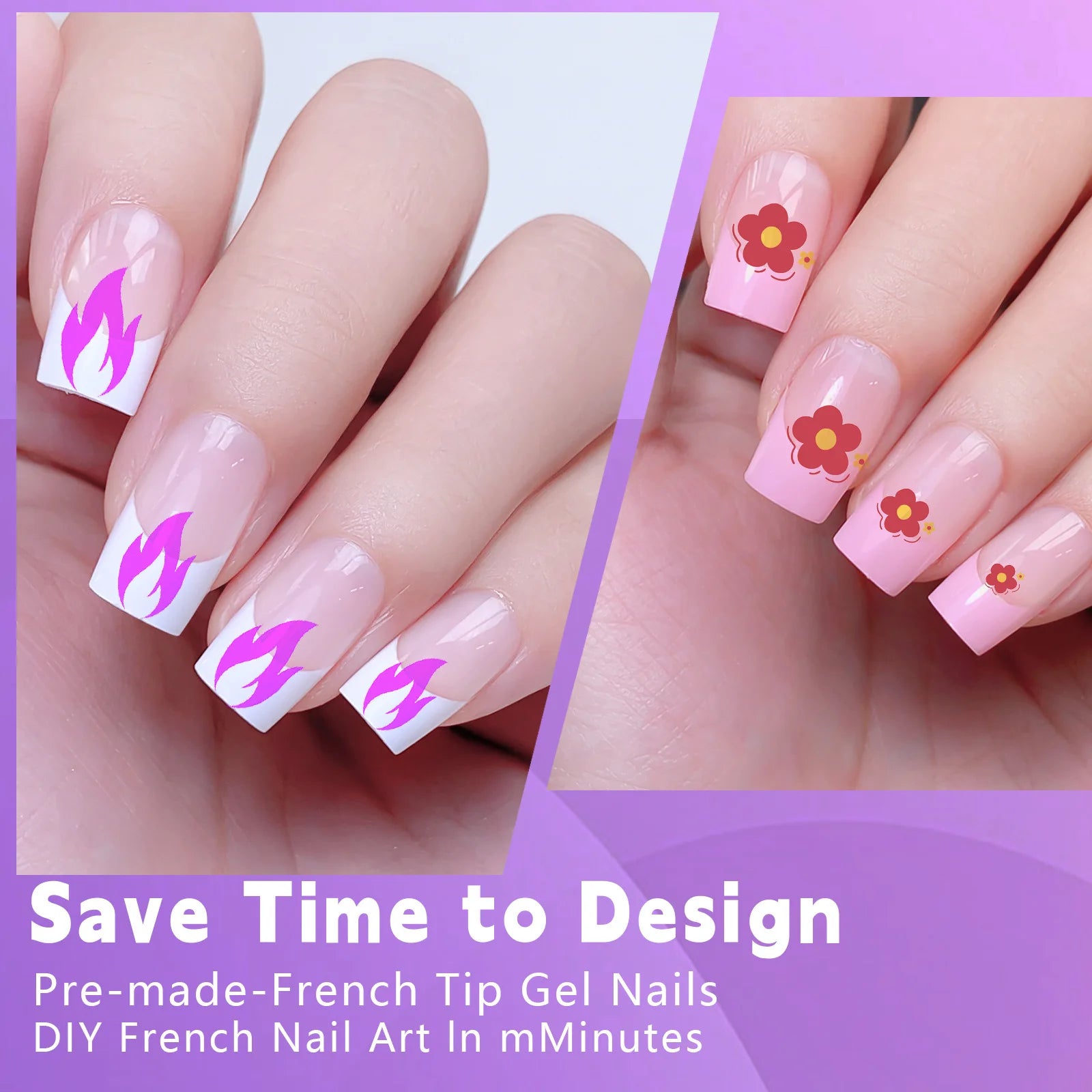 Set of 120 acrylic French false nails in medium length square shape with mixed sizes, full cover, removable press-on nail tips.