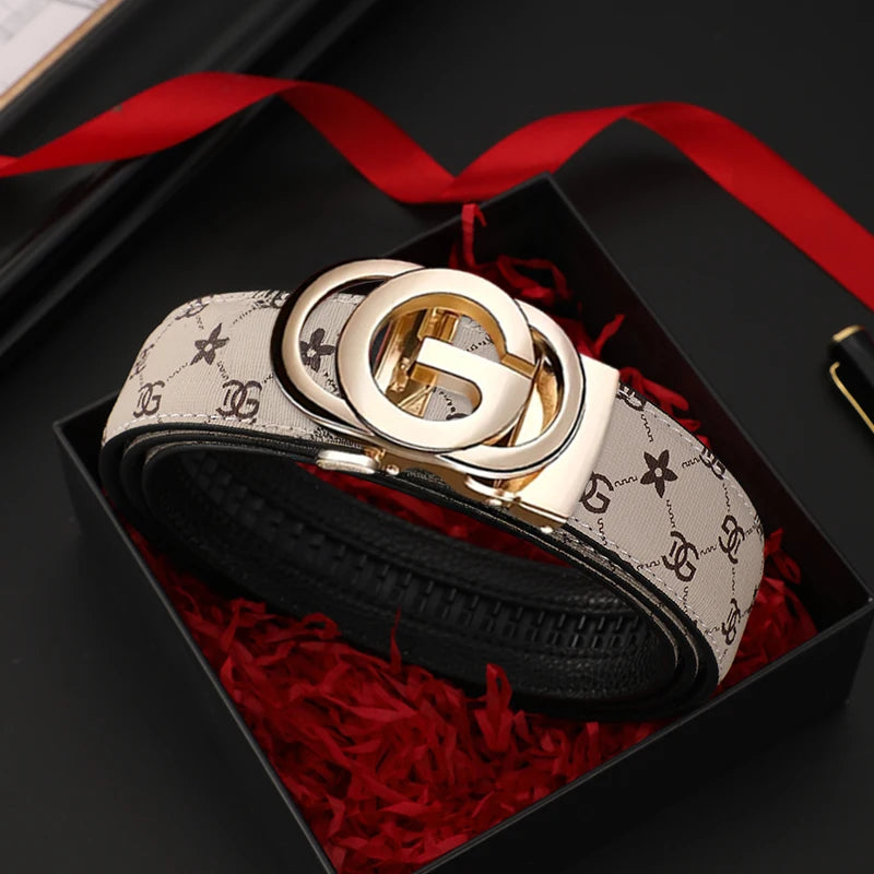 Genuine leather men's belt with metal alloy automatic buckle and luxury design, showing the stylish strap and buckle details.