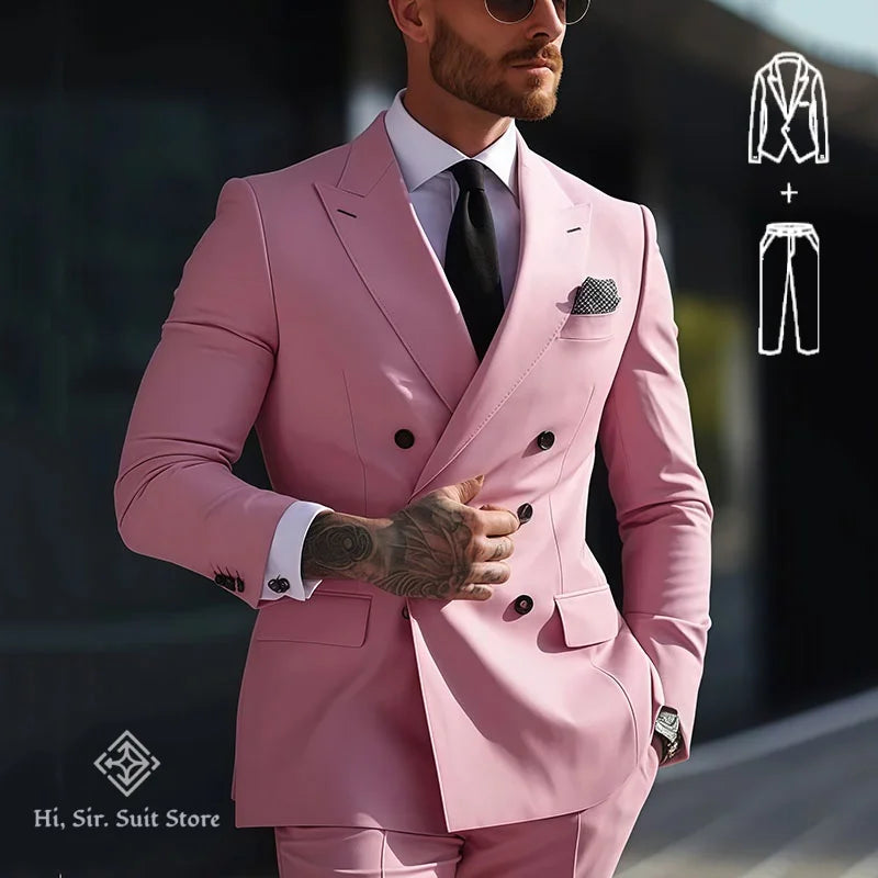 Slim-fit men's double-breasted blazer and dress pants suit set, suitable for weddings, formal events, or reunions.