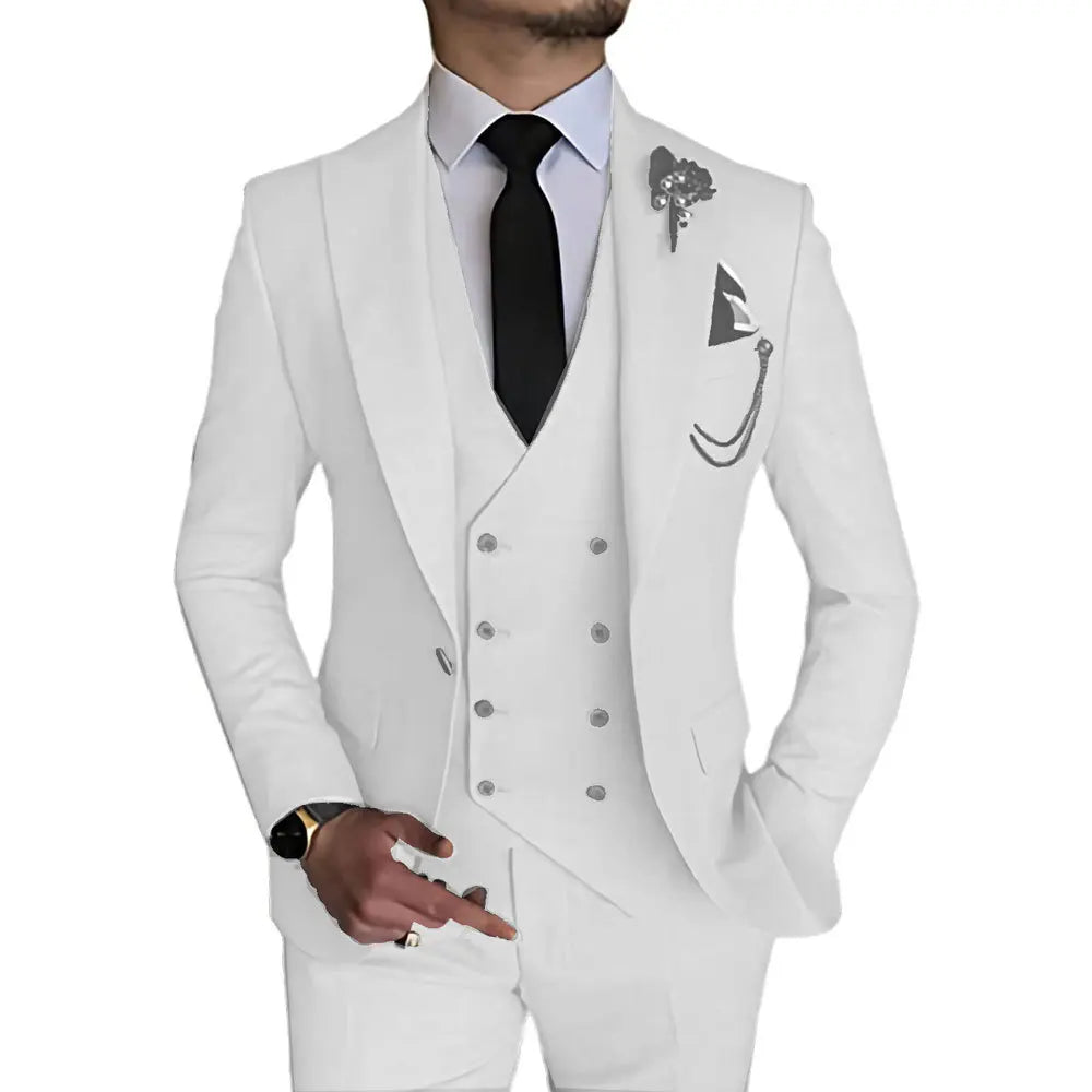 Men's three-piece business casual suit set by Showlu Fashion, featuring jacket, vest, and trousers for formal or host occasions.