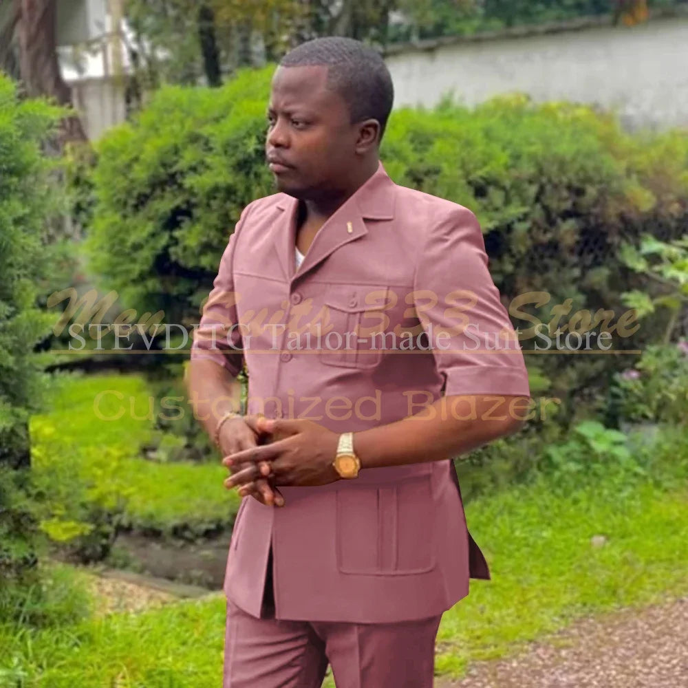 Safari men's short sleeve suit set with single-breasted jacket and matching pants, African fashion style by Showlu Fashion.