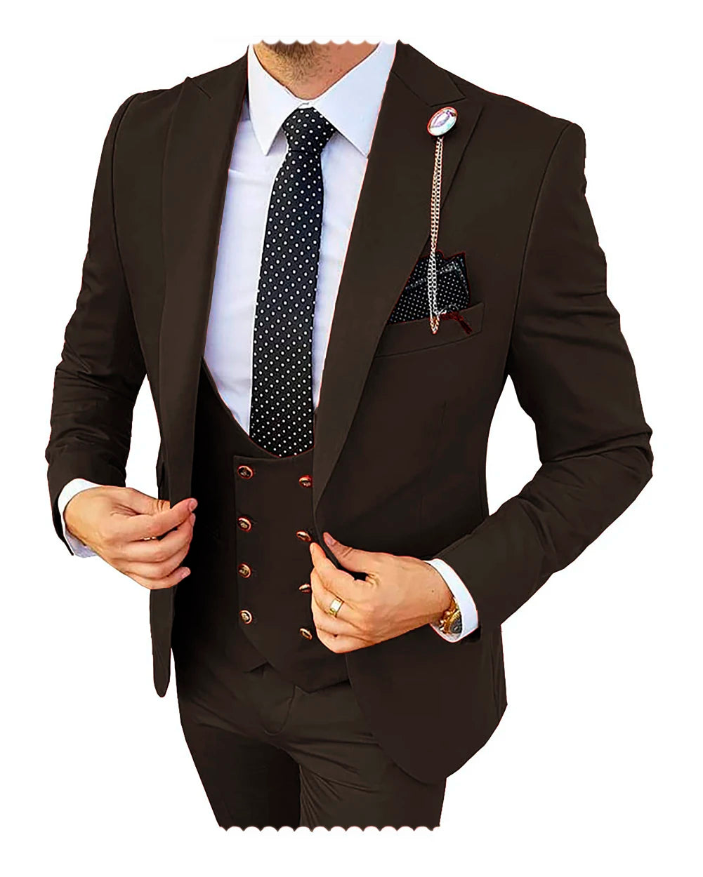 Formal men's 3-piece wedding suit by Showlu Fashion, featuring a champagne slim fit tuxedo with blazer, pants, and vest.