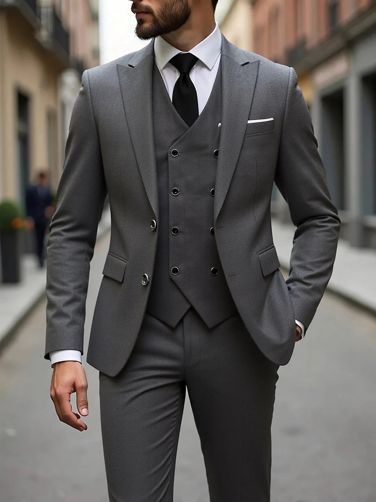 Slim fit wedding tuxedo for men by Showlu Fashion, includes jacket, vest, and pants, ideal for grooms and formal occasions