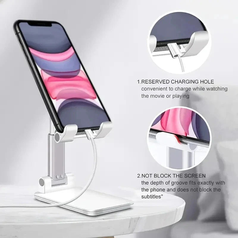 SHOWLU Universal Adjustable Desk Phone Stand holding an iPhone and tablet on a workspace surface.