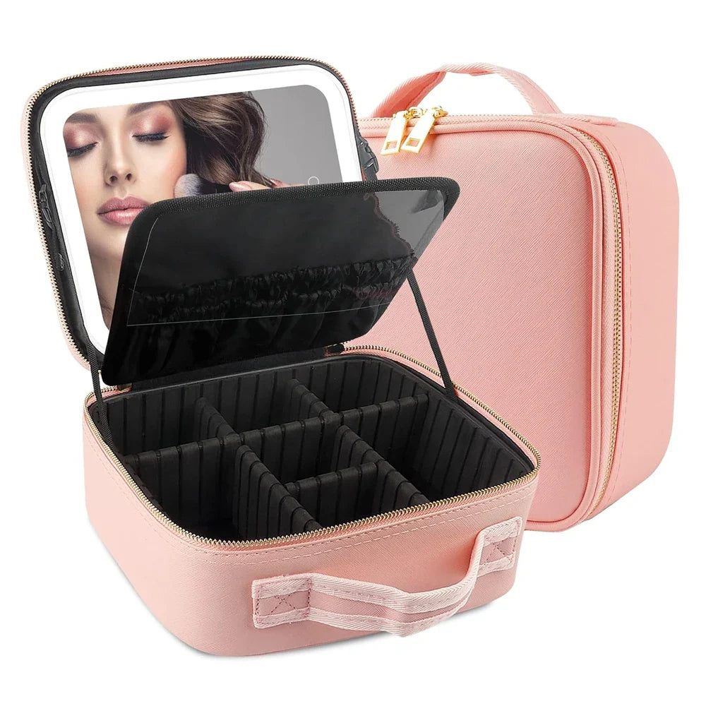 SHOWLU makeup bag with LED mirror, large travel cosmetic organizer featuring multiple compartments and stylish design.