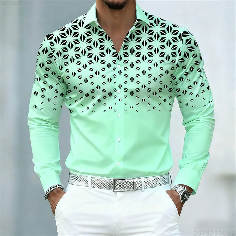 Men's long sleeve geometric pattern print shirt in 17 colors, trendy slim fit casual shirt by Showlu Fashion Store