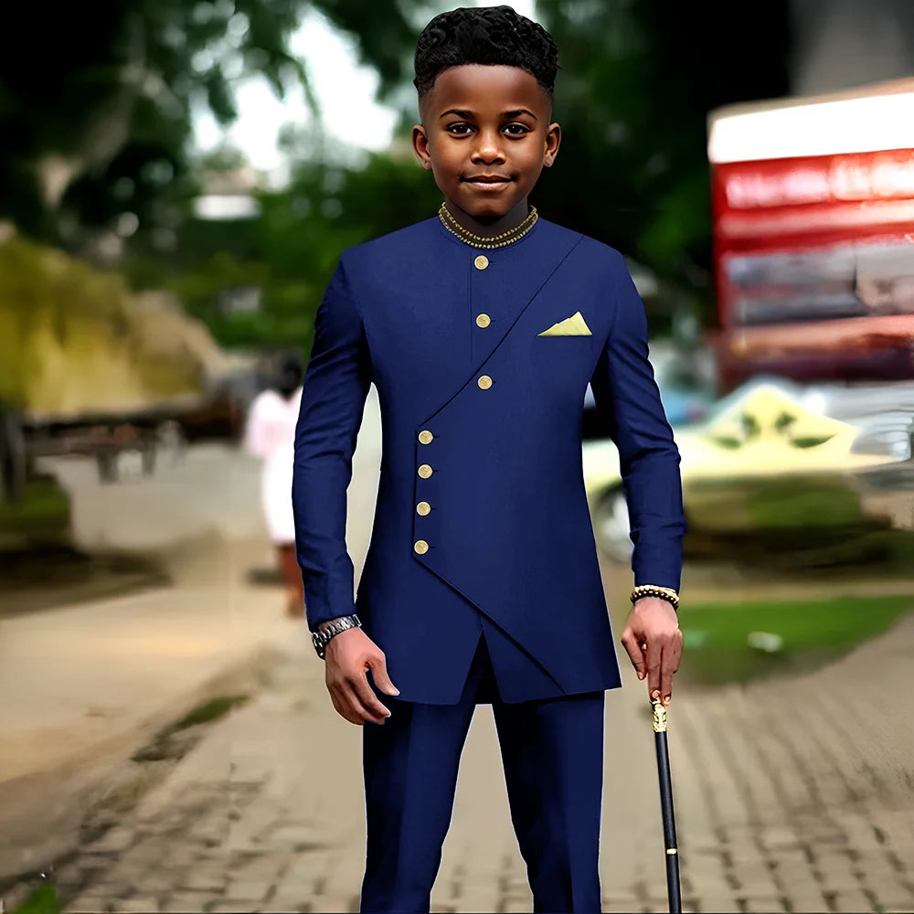 African boys' 2-piece suit jacket and pants by Showlu Fashion Store, suitable for parties and weddings for ages 2 to 16.