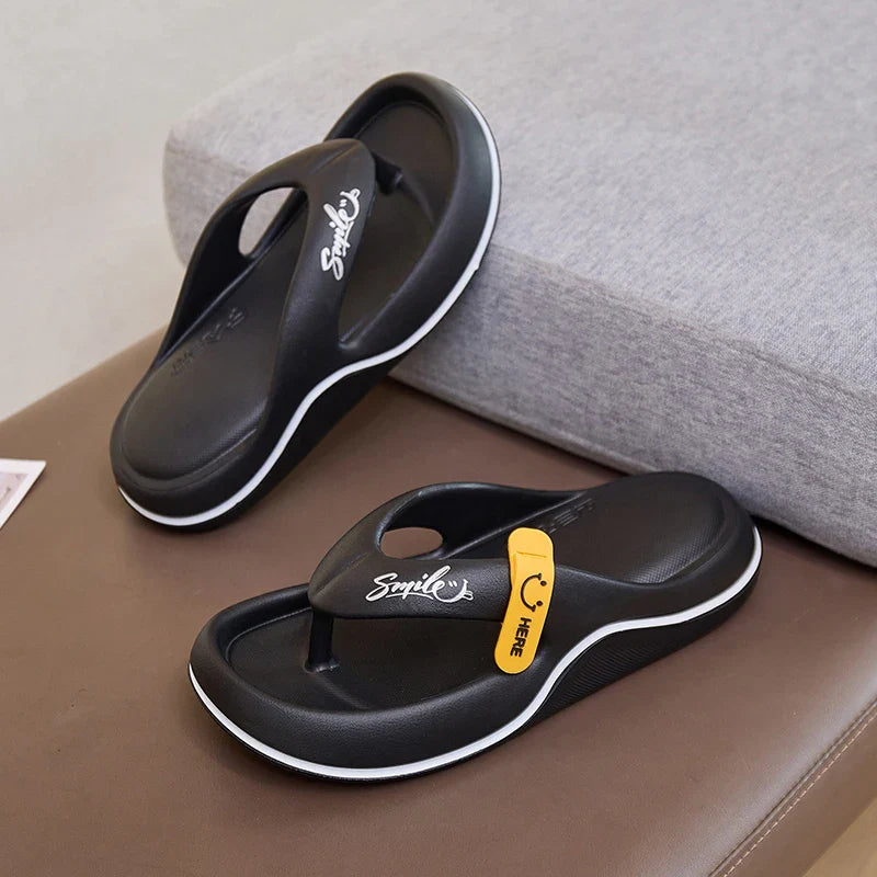 Unisex thick-soled flip flops by YUE&LINXI with soft EVA platform, ideal for beach and casual wear, shown in black.