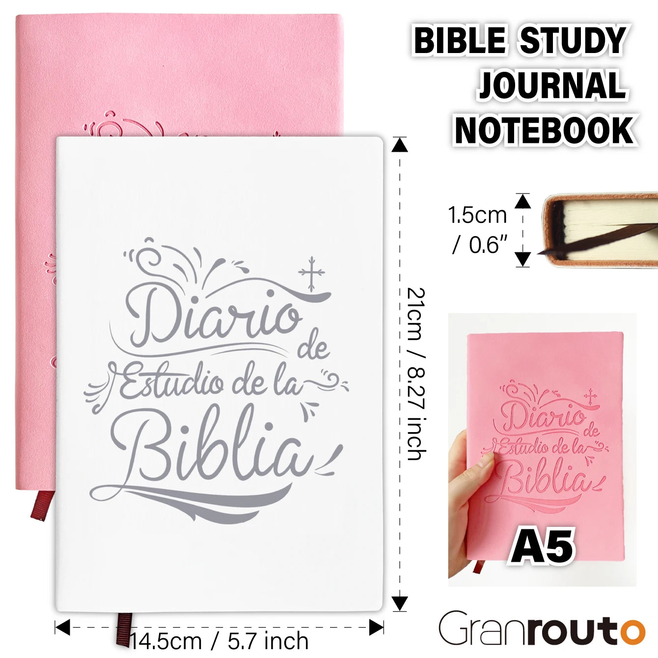 Spanish S.O.A.P Bible study journal and prayer notebook by Granrouto, featuring a cover with religious-themed design and lined pages inside.