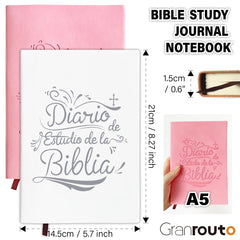 A pink and white A5 Bible study journal with dimensions of 14.5 by 21 centimeters.