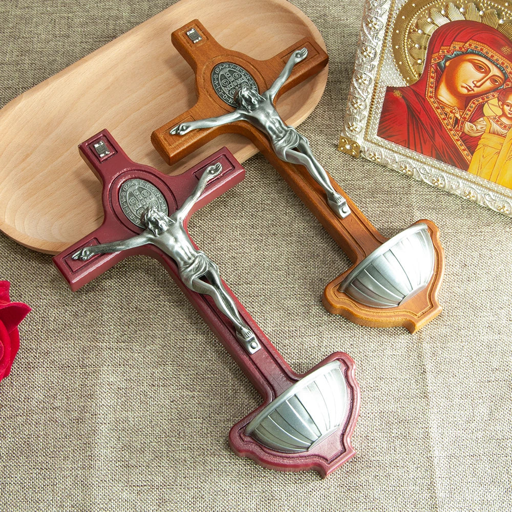 Handmade Catholic wood cross with Jesus and St. Benedict medal, 4.3 inches, for home prayer altar or religious car decor.