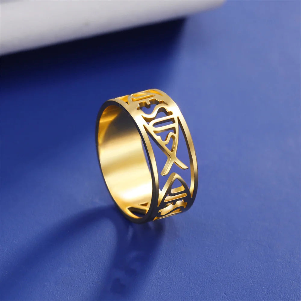 Stainless steel My Shape Jesus Fish ring featuring a Christian religious design, worn as religious jewelry.