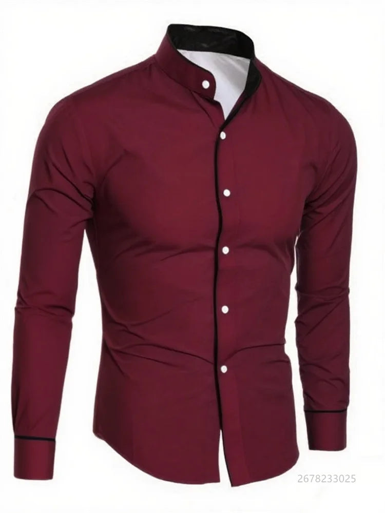 White men's slim fit long sleeve shirt from Showlu Fashion Store, soft fabric, perfect for business casual or social occasions.