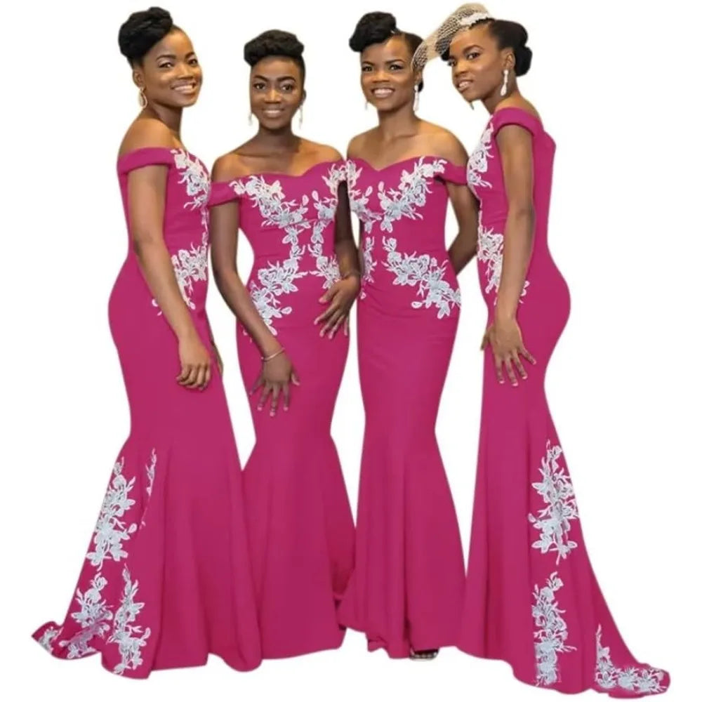 Burgundy satin off-the-shoulder mermaid bridesmaid dress by JC&STAR showing fitted bodice and flared skirt from SHOWLU FASHION STORE