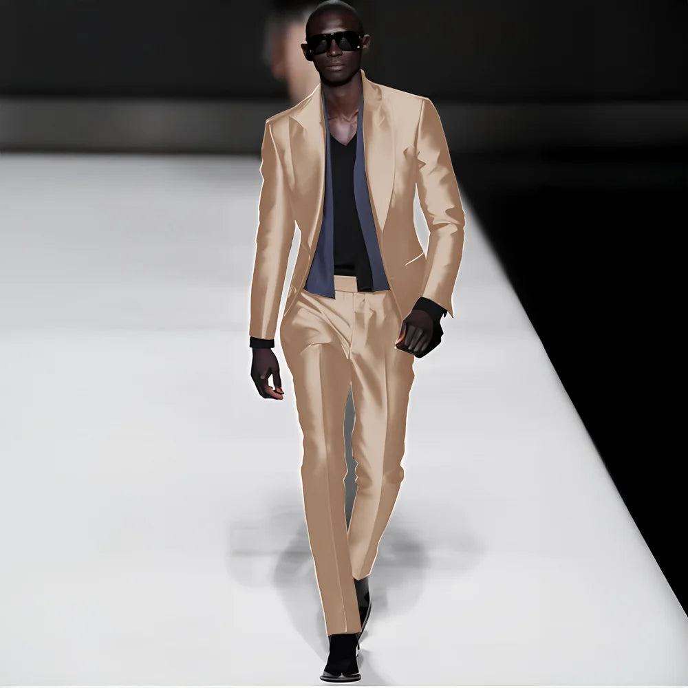 Elegant satin men's 2-piece suit featuring a peak lapel blazer and matching pants, ideal for weddings and formal dinners.