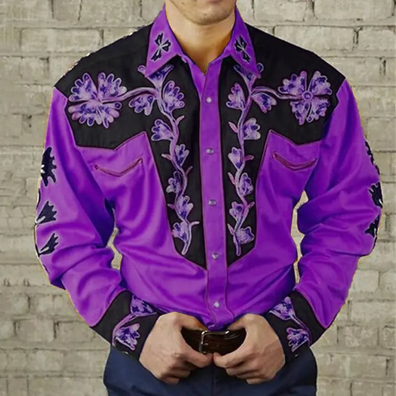 Men's floral leopard print retro western long-sleeved shirt with lapel, suitable for outdoor, street, and casual autumn winter wear.