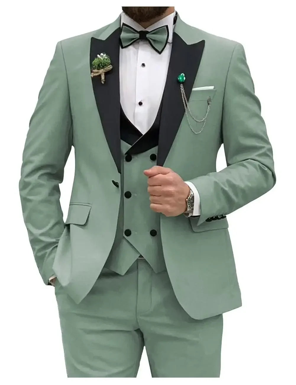 Royal blue Showlu men's 3-piece slim fit suit with double-breasted jacket, dress shirt, and matching trousers, formal attire.