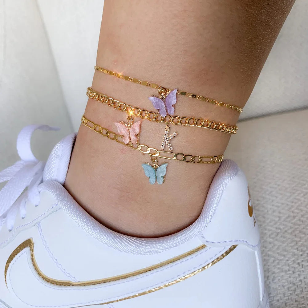Stainless steel initial A-Z letter anklet with butterfly design, waterproof jewelry for women and girls, trendy leg chain accessory