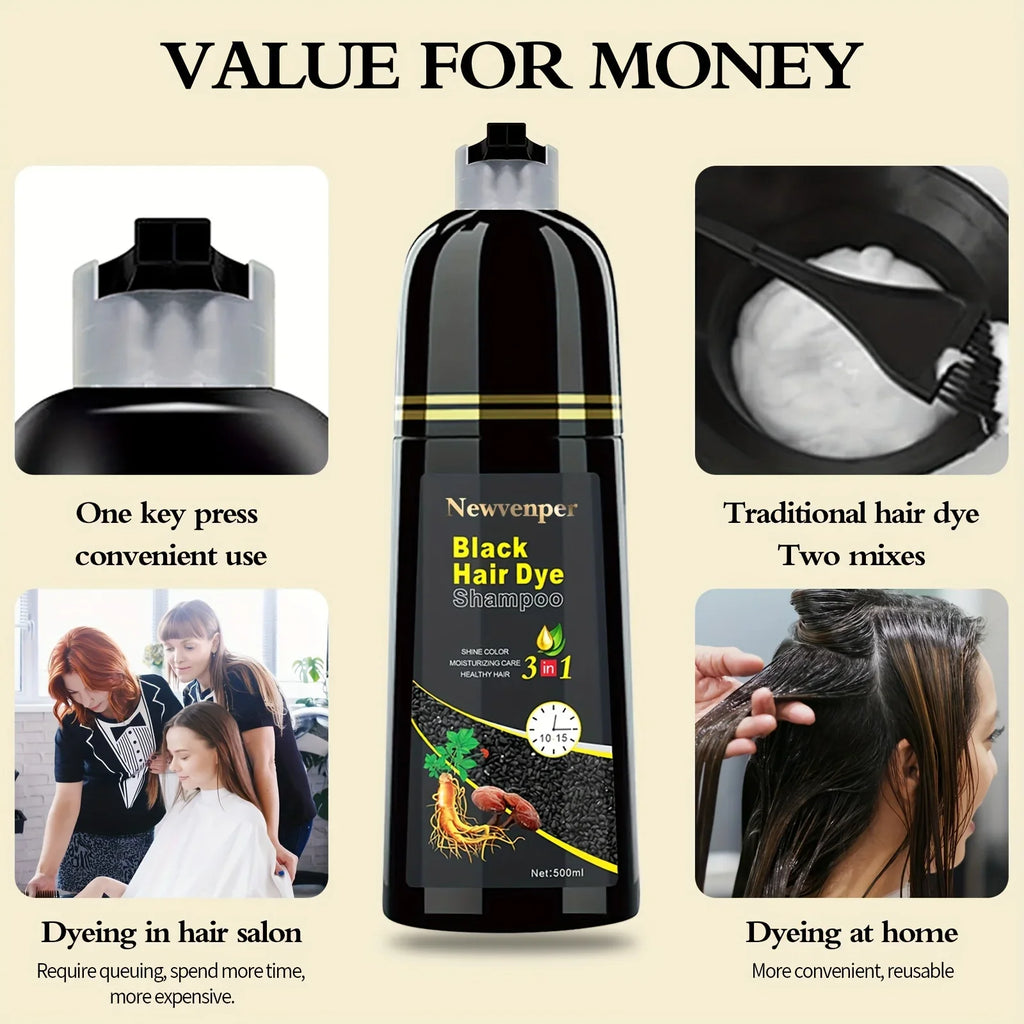 Black hair dye shampoo bottle from SHOWLU FASHION STORE, 500ml, natural long-lasting color for hair care and styling.