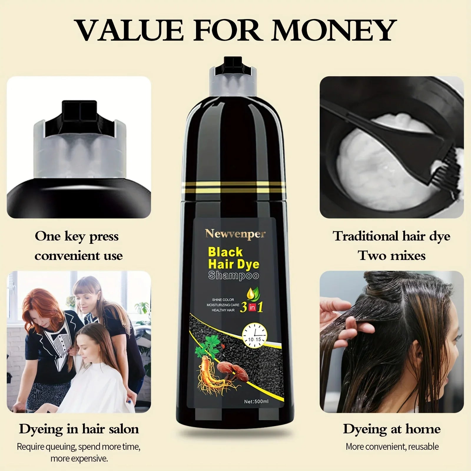 Black hair dye shampoo in a 500ml bottle from SHOWLU FASHION STORE, with natural long-lasting color and nourishing formula.