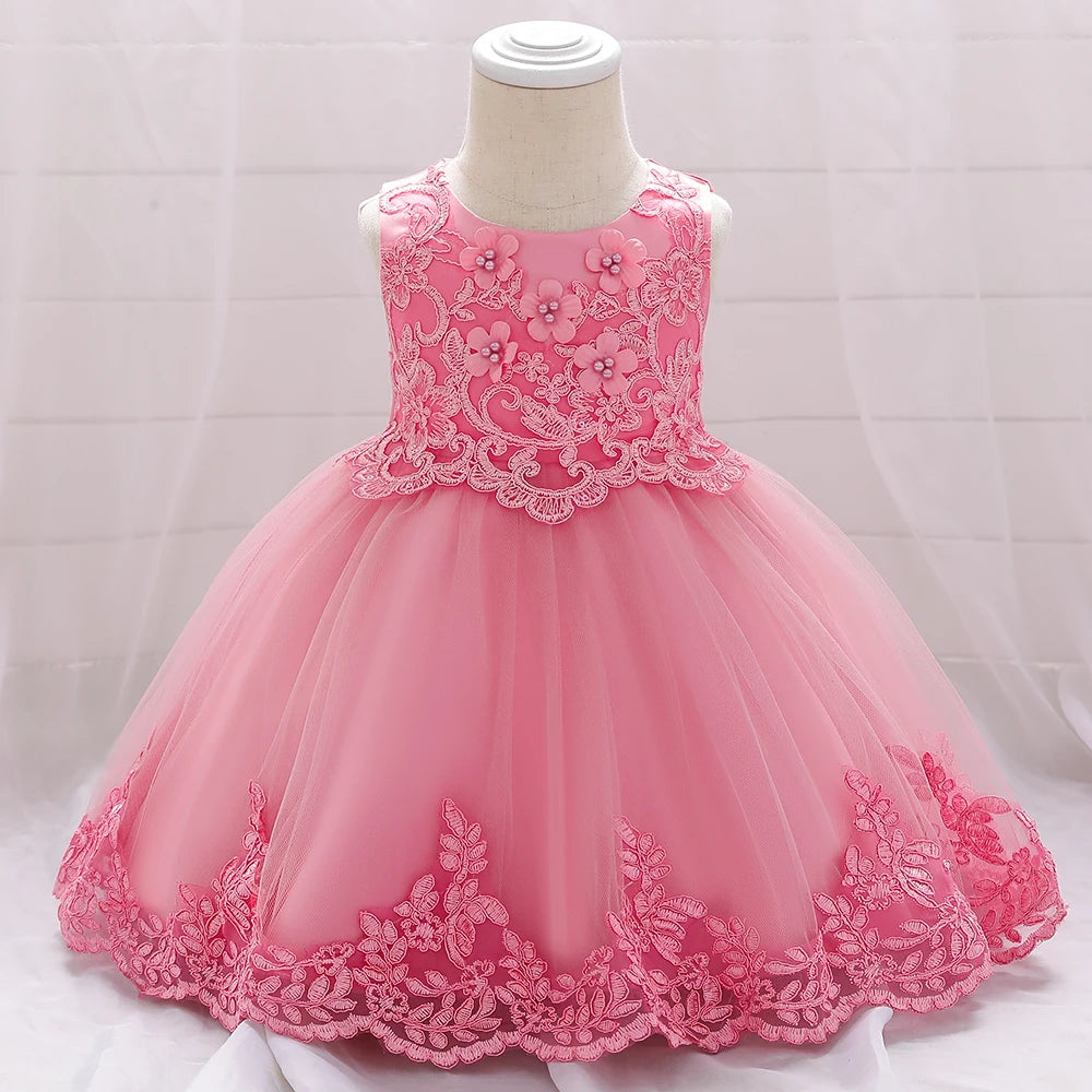 Baby girl white tulle flower dress by Showlu Fashion Store, perfect for baptism or 1st birthday celebrations.
