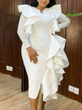 A white AOMEI V-neck lace bodycon party dress with ruffle midi design, featuring elegant details and a fitted silhouette.