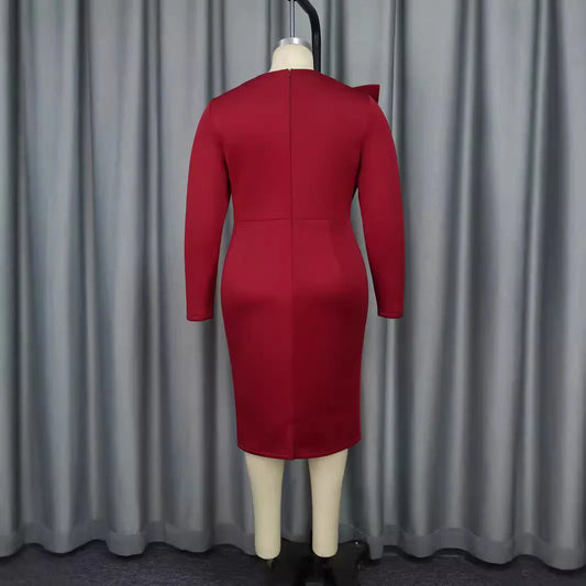 Personalized Embroidered Long Sleeve Round Neck Evening Gown, Solid Color Temperament Elegance Patchwork Slim-fit Dress Vestidos