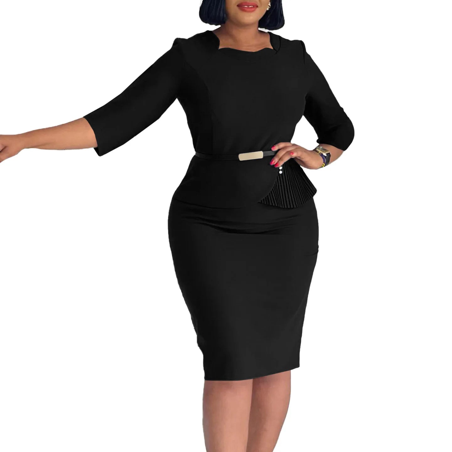 L-3XL Plus Size Elegant Midi Dress 2025 Spring Summer Women Office Lady Dress Casual 3/4 Sleeve Bandage Robe Oversize Dress SHOWLU FASHION STORE