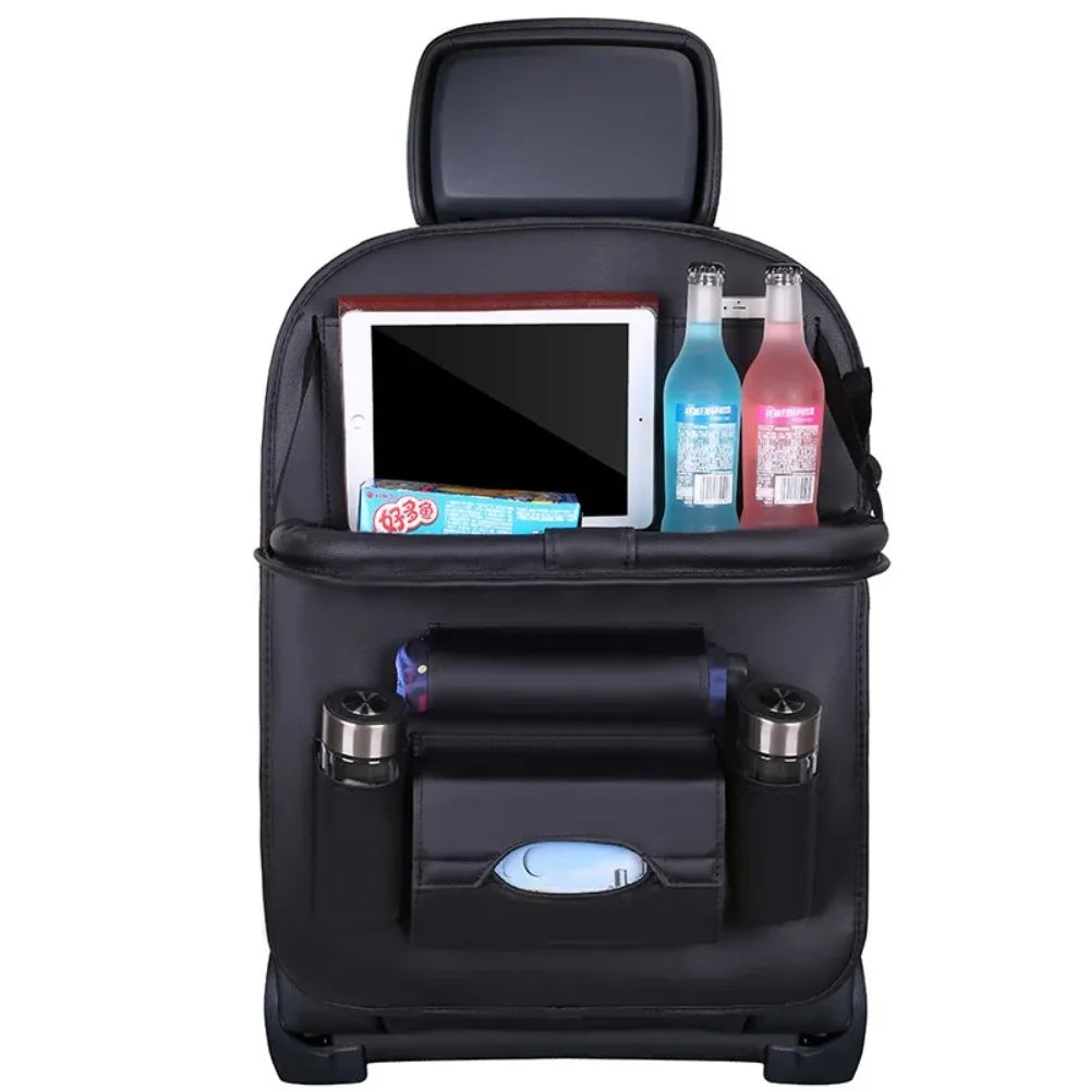 Showlu Smart General car seat organizer with tray, featuring multiple compartments and a convenient surface for storage and travel essentials.