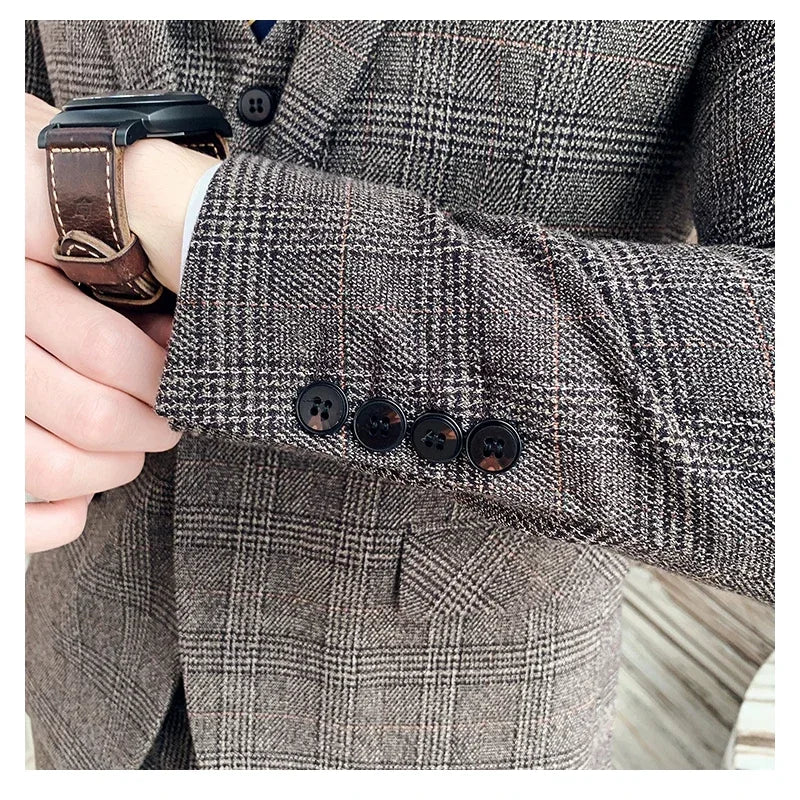 ( Blazer + Pants ) High-end Brand Formal Business Plaid Mens Suit Groom Wedding Dress Solid Color Stage Performance Tuxedo S-7XL SHOWLU FASHION STORE