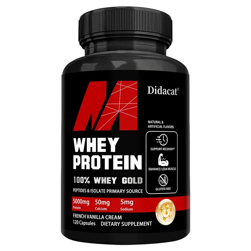Showlu Fashion Store whey protein capsules with 5000mg protein, gluten-free, non-GMO supplement for muscle recovery and health.