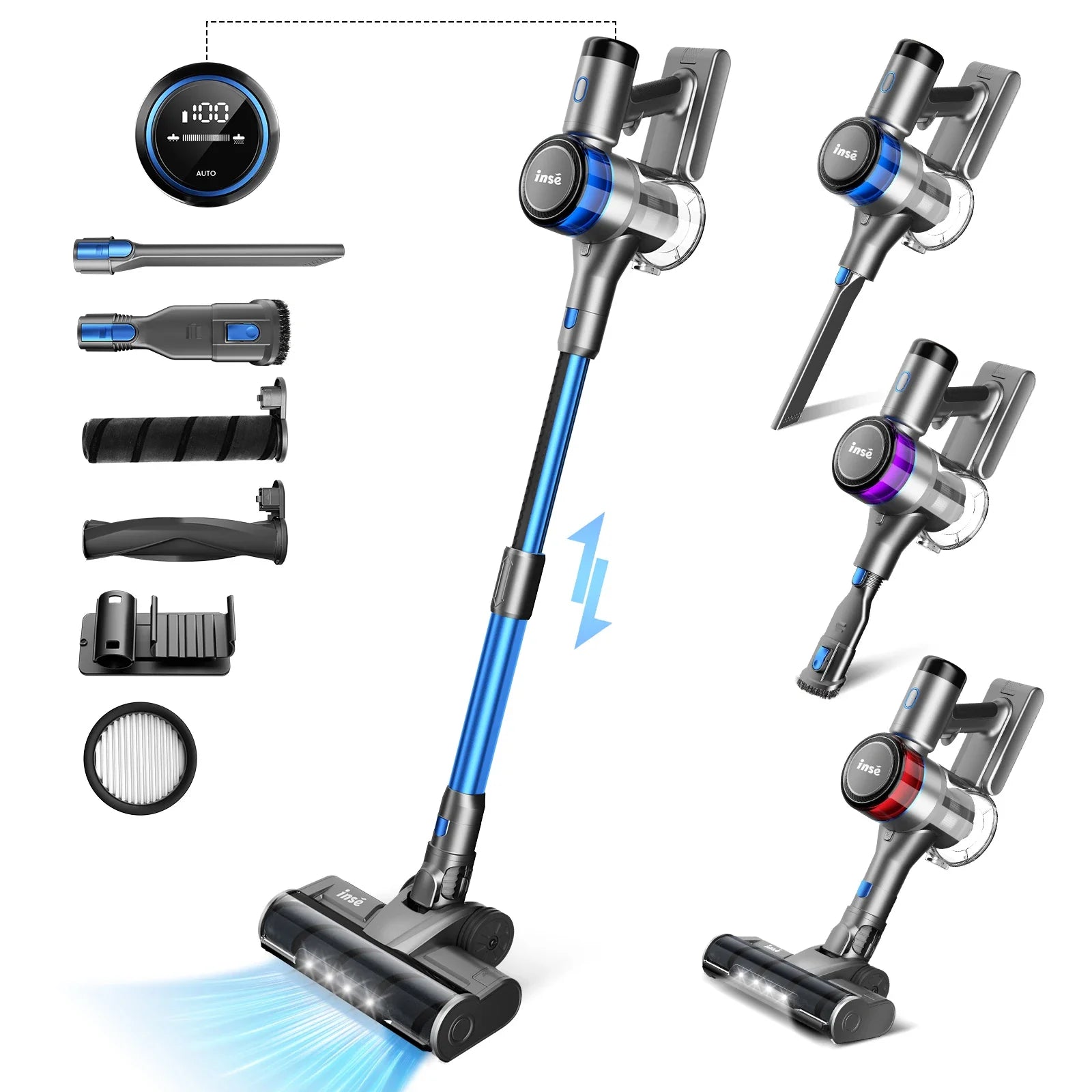 INSE S9 cordless stick vacuum cleaner with 30KPa suction and 400W power for pet hair and floor cleaning, shown in the image.