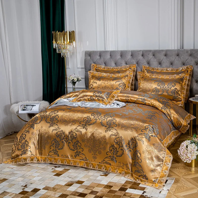 Luxury Euro Gold Satin Jacquard Lace Bedding Set Soft Silky Single Queen King Double Duvet Cover Set Bed Sheet Set Pillowcases