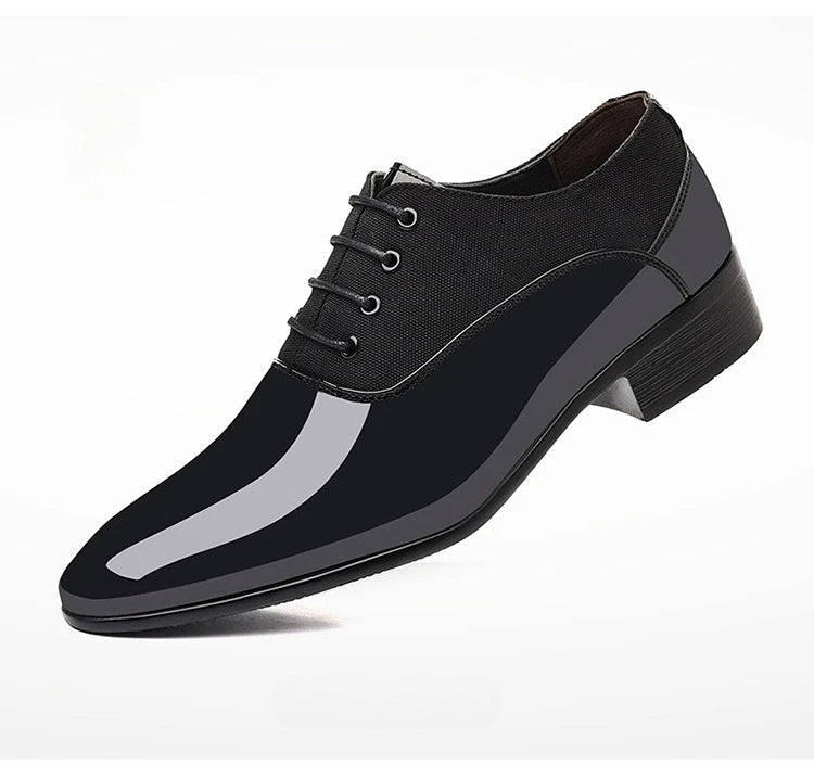 Black men's patent leather Oxford shoes by Showlu Fashion Store, formal dress shoes with sleek, polished finish.