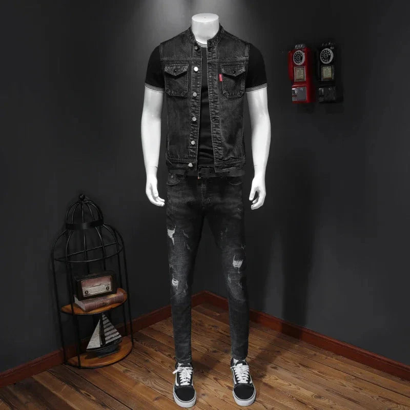 Men's black denim vest by SHOWLU FASHION STORE featuring a casual cotton blend, stand collar, and waistcoat style.