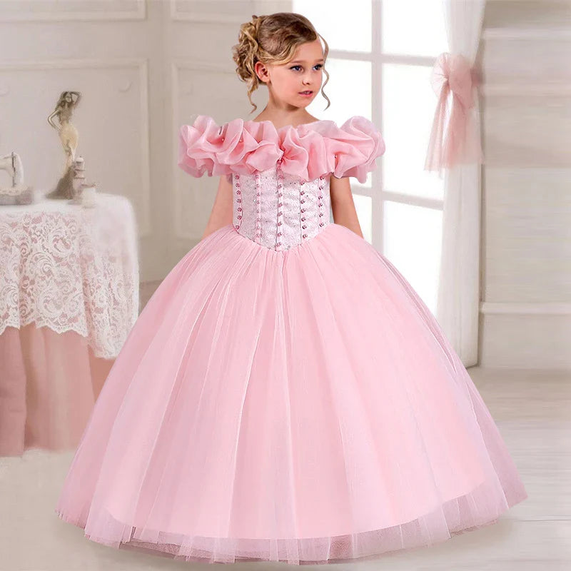 LJW Girls pearl sequin princess dress with off-shoulder design, elegant evening ball gown for special occasions.
