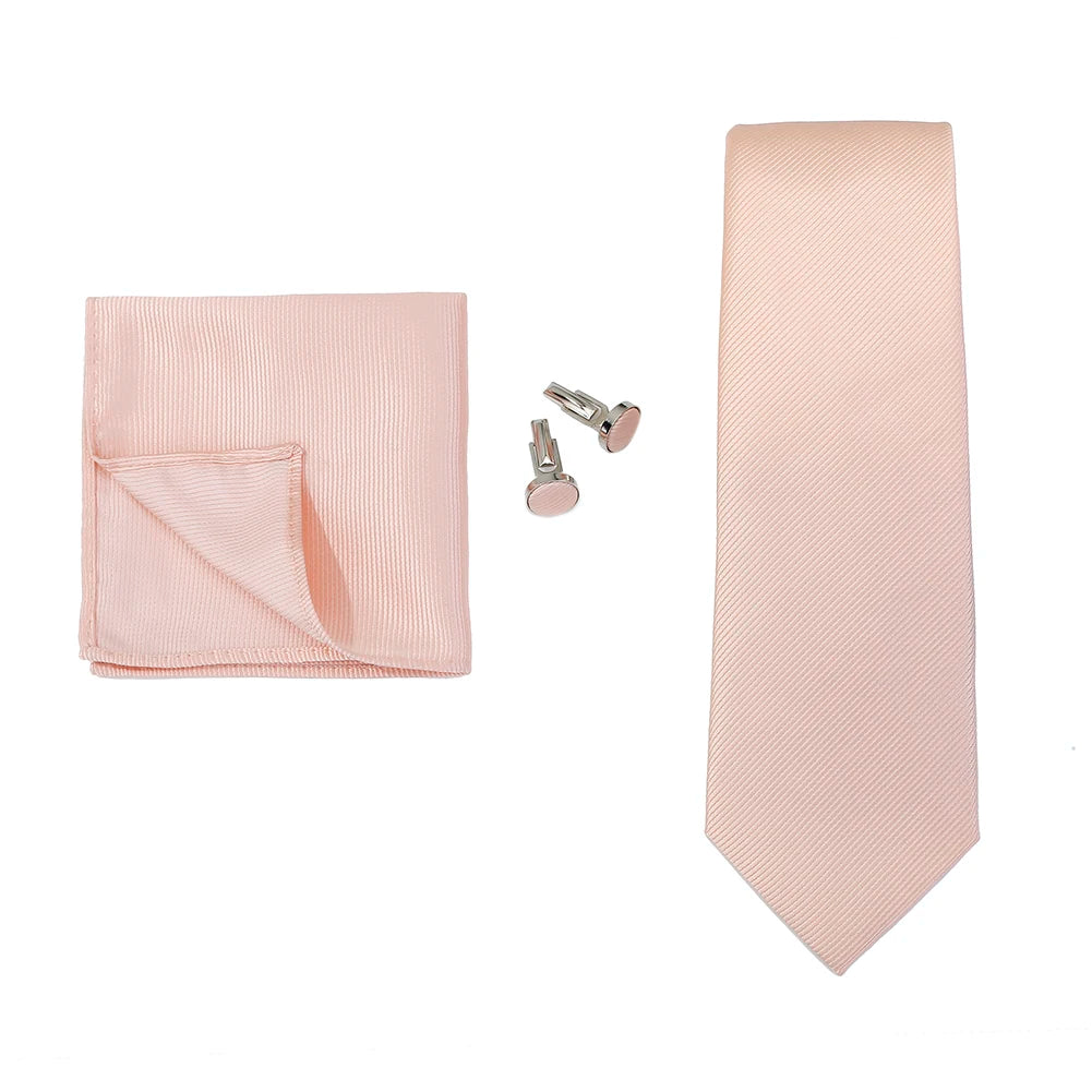 Elegant men's solid color formal wedding necktie, jacquard woven with matching handkerchief and cufflinks, suitable for business or wedding.