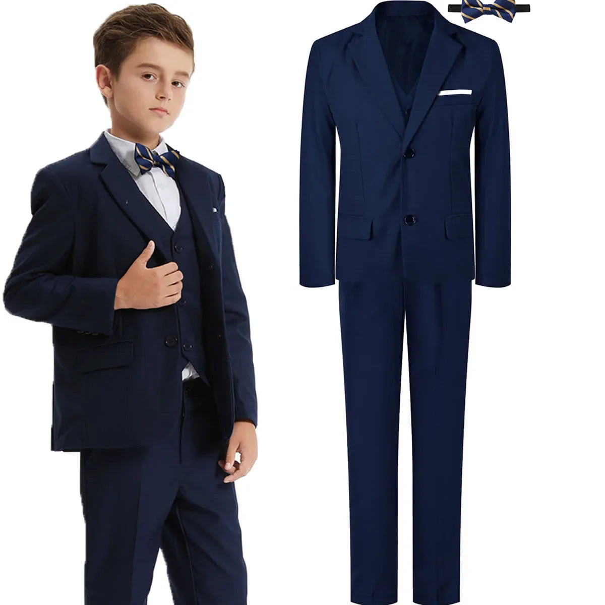 Boy wearing A&J DESIGN formal wedding suit with tuxedo blazer, vest, and pants, perfect for special occasions.