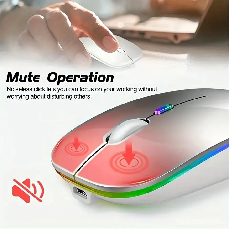 Wireless gaming mouse with RGB backlight, ergonomic design, USB rechargeable, silent buttons, compatible with PC and laptop.