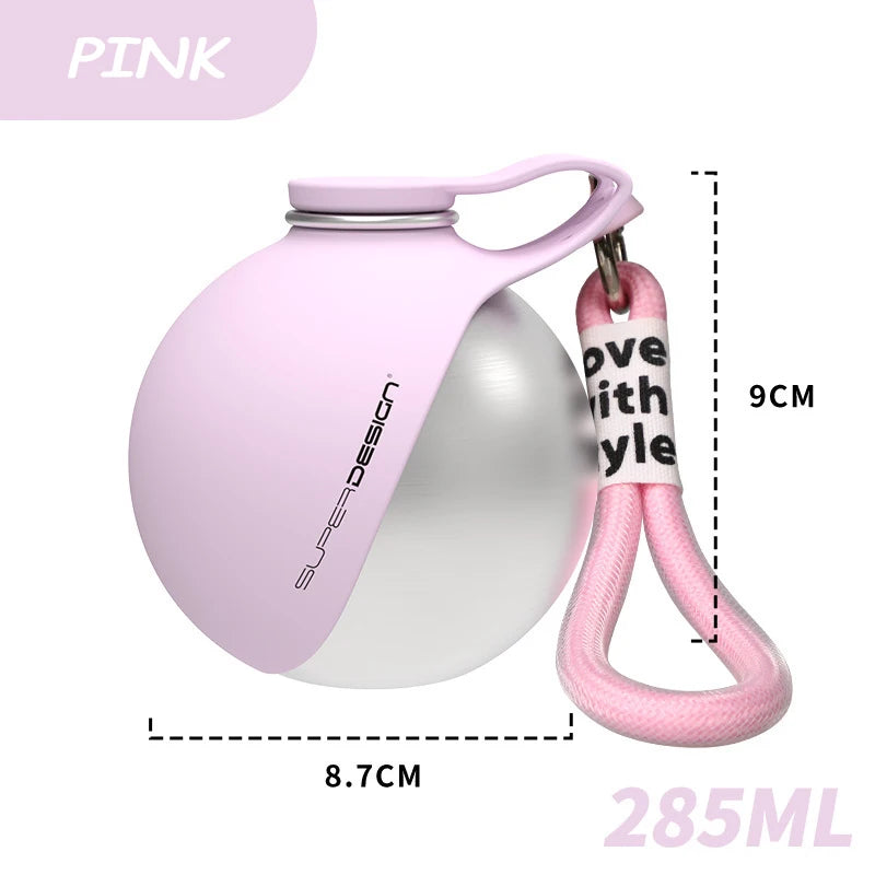 Showlu 280ml stainless steel pet water bottle with portable silicone bowl, ideal for outdoor use and travel with pets.