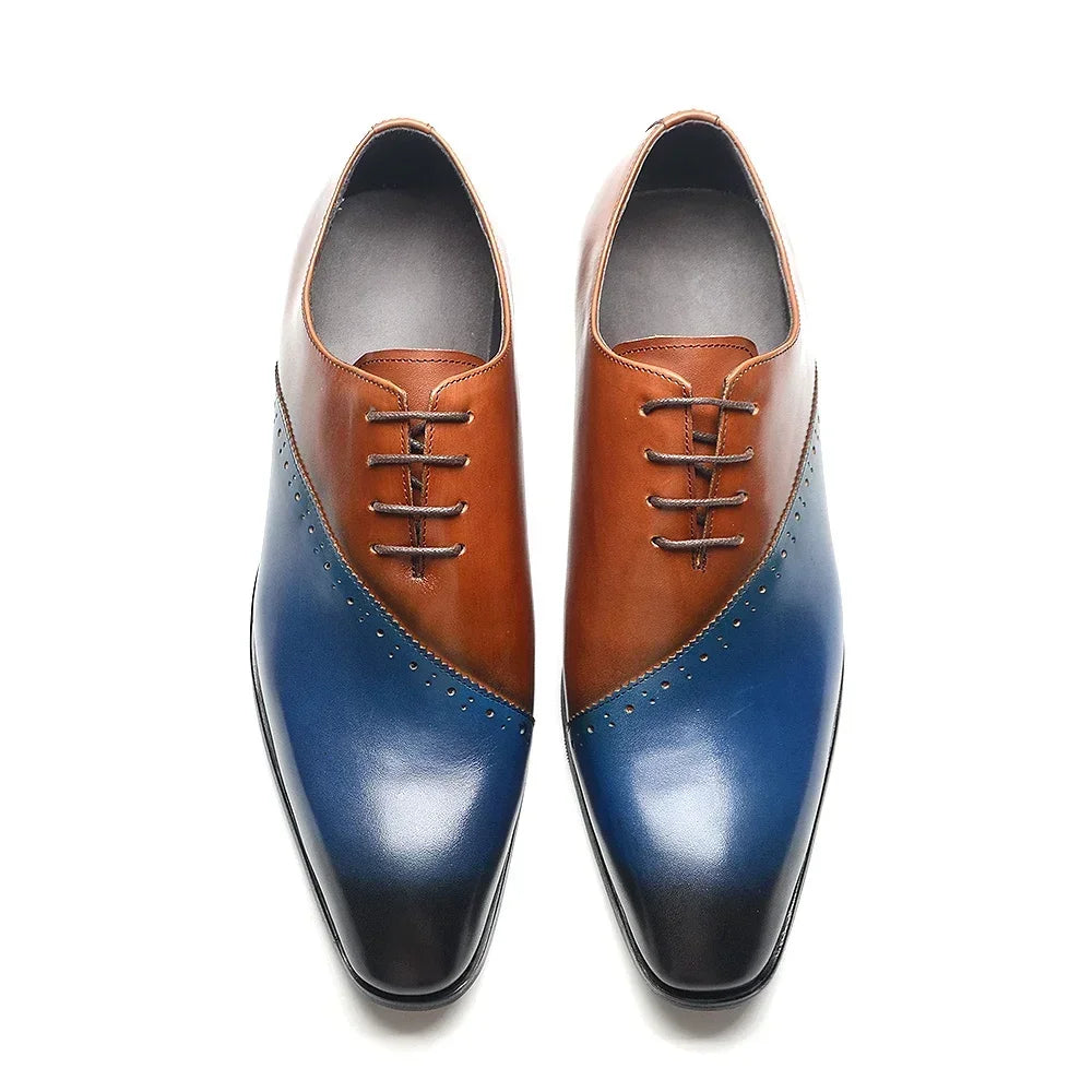 Brown genuine leather men's wedding dress shoes with pointed toe, lace-up design, suitable for formal occasions and parties.