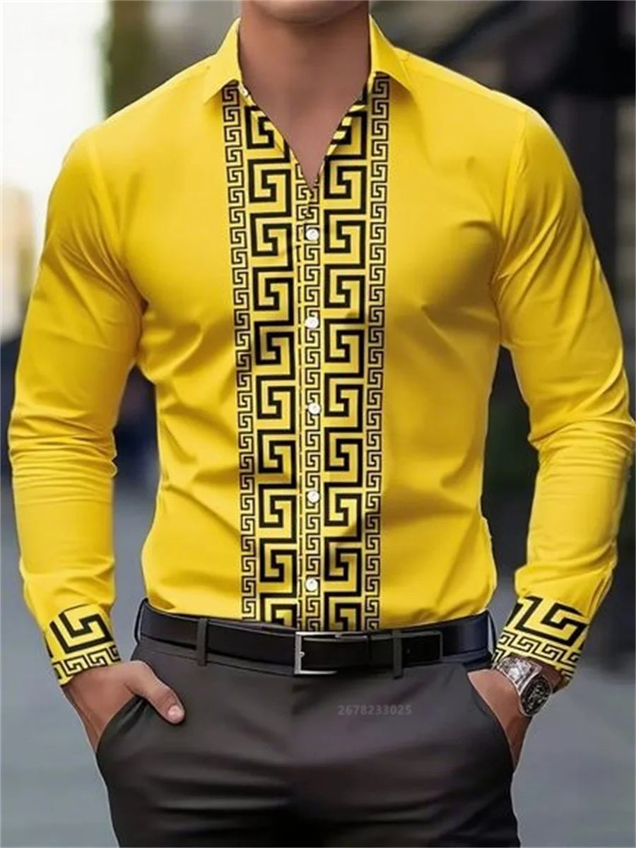 Men's long-sleeved patterned shirt with lapel buttons, casual and stylish top by Showlu Fashion Store.