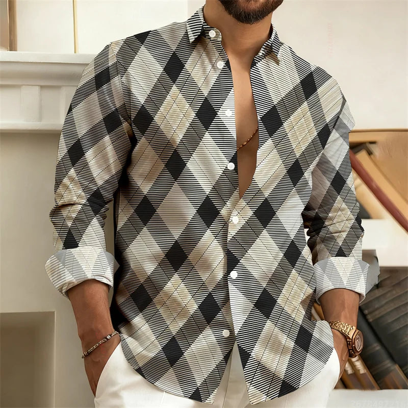 Men's plaid long-sleeved casual shirt from Showlu Fashion, stylish and comfortable with trendy design, available in sizes S to 6XL.